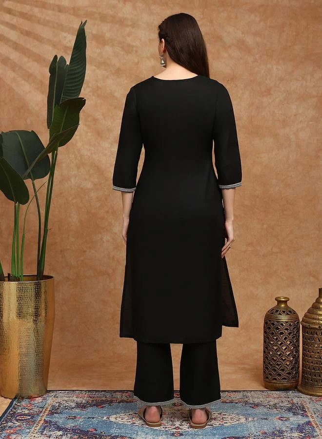 globus Women Black Floral Embroidered Kurta with Wide Leg Pants Set